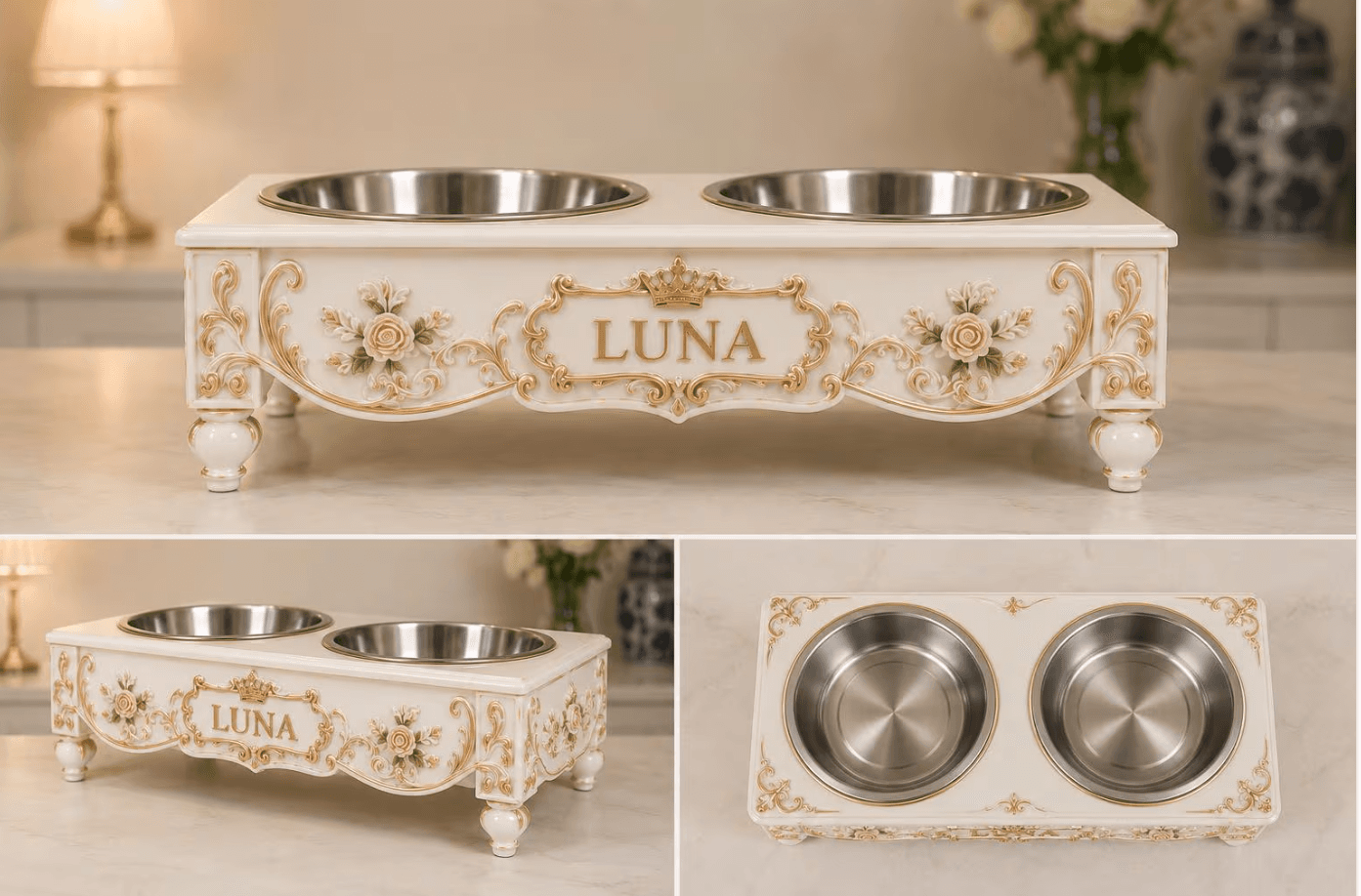 Three views of an ivory and gold double cat bowl stand with floral ornament and a Luna nameplate
