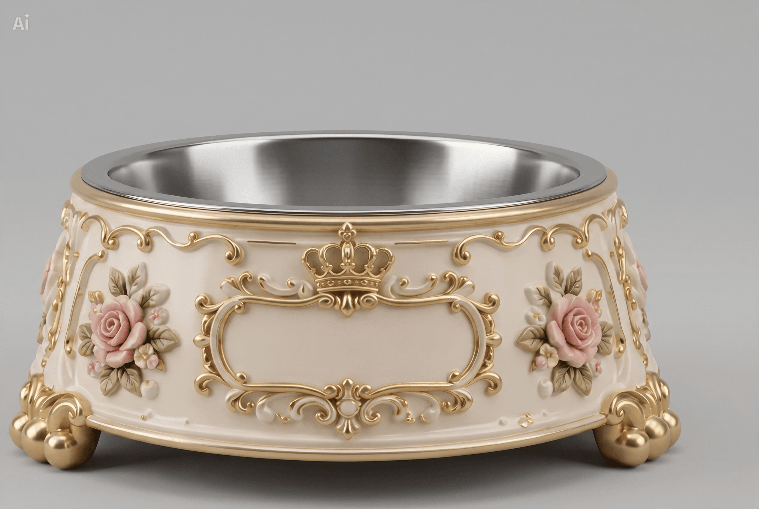 Single royal cat bowl with a gold crown and floral details, supplied design visualization
