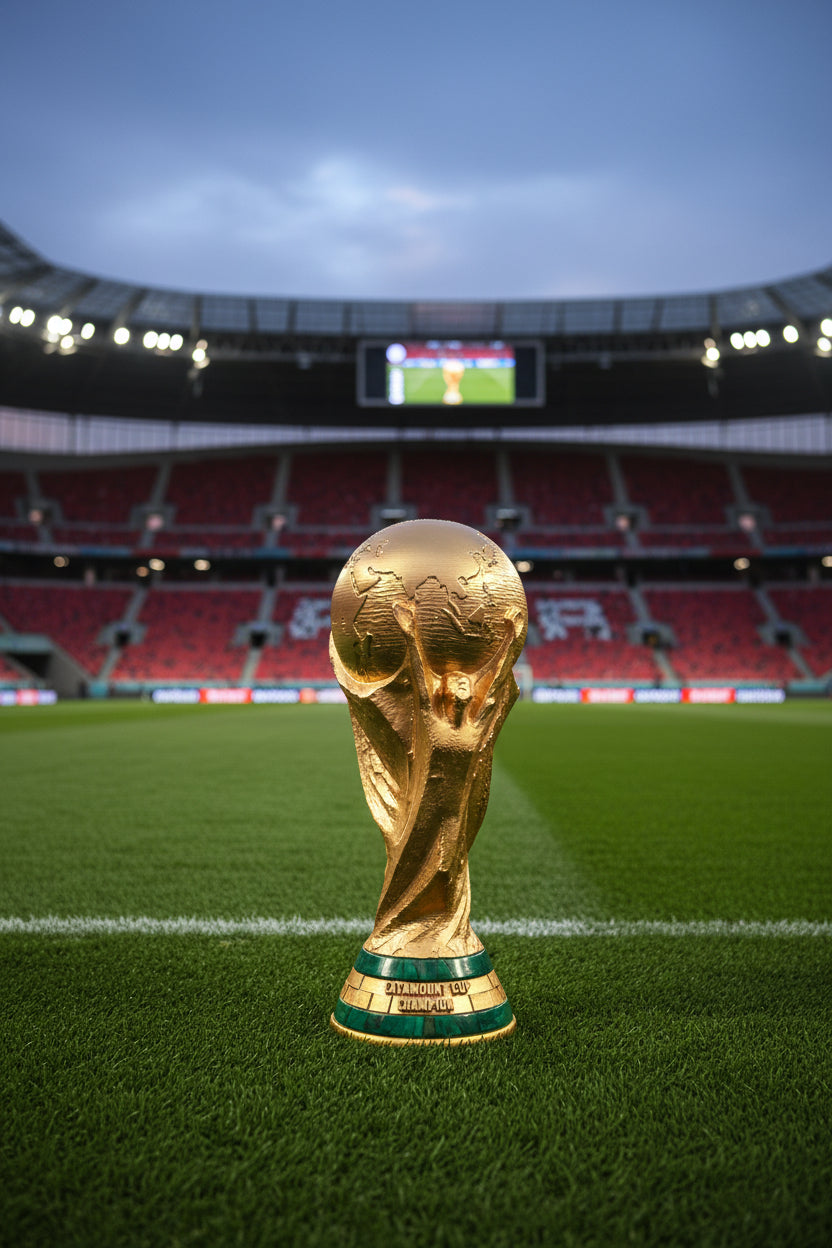 Gold trophy held by a hand in a cluttered room with 3D printing equipment.