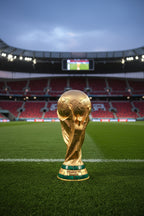 Gold trophy held by a hand in a cluttered room with 3D printing equipment.